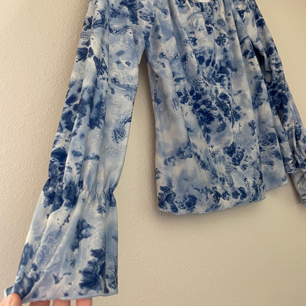 Tangents Blue Abstract Long Sleeve Slightly Off The Shoulder